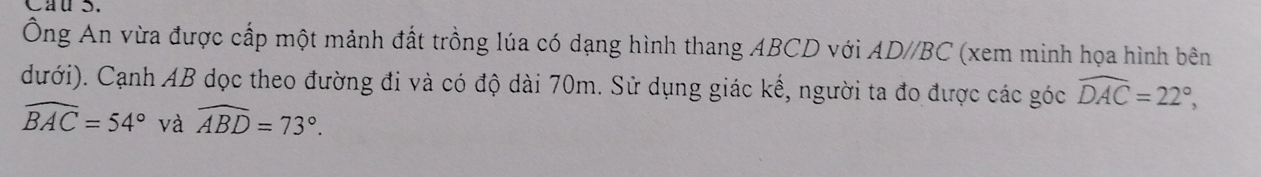 CauS. 
Ông An vừa được cấp một mảnh đất trồng lúa có dạng hình thang ABCD với AD//BC (xem minh họa hình bên 
dưới). Cạnh AB dọc theo đường đi và có độ dài 70m. Sử dụng giác kế, người ta đo được các góc widehat DAC=22°,
widehat BAC=54° và widehat ABD=73°.