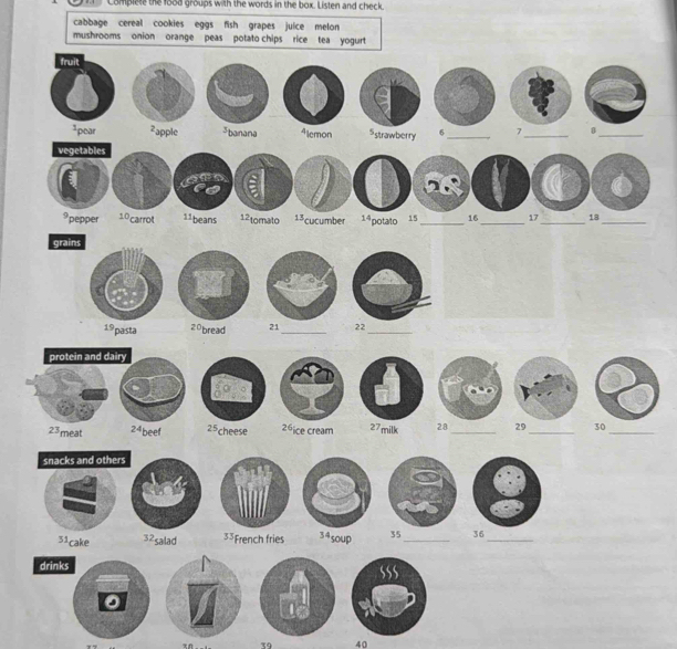 Complete the food groups with the words in the box. Listen and check. 
cabbage cereal cookies eggs fish grapes juice melon 
mushrooms onion orange peas potato chips rice tea yogurt 
fruit^1 pear Zapple 3banana 4lemon $strawberry 6 _ 7 _0_ 
vegetables 
pepper 10 carrol. 11beans 12 tomato 13cucumber 14 potato 15 _ 16 _ 17 _ 18 _ 
grains
19 pasta 20 bread 21 _ 22 _ 
protein and dairy
23 meat 24 beef 25 cheese 26ice cream 27milk 28 _ 29 _ 30 _ 
snacks and others 
51cake 32 salad 3³French fries 34 soup 35 _ 36 _ 
drinks 
0 
xn 39 40