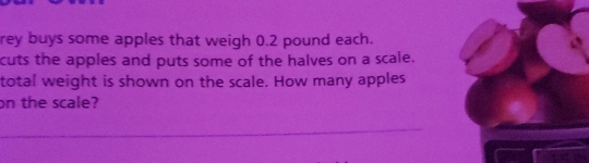 rey buys some apples that weigh 0.2 pound each. 
cuts the apples and puts some of the halves on a scale. 
total weight is shown on the scale. How many apples 
on the scale?