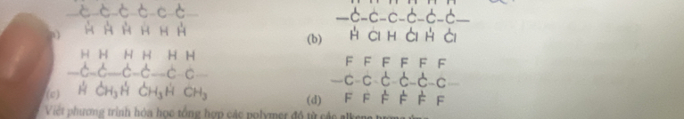 c-c-c-c-c c —c-c-c-c-c-c—
B) à à ở H H H H ci h ài H ài
(b)
HH
F F F F F F
beginarrayr HHHHH C-C-C-C-C-endarray e^(4.) C

c c c c c c
(e) x_H H CH_3 H CH_3
(d) F F F F F F
Việt phương trình hóa học tổng hợp các polymer độ từ các alkene tượng