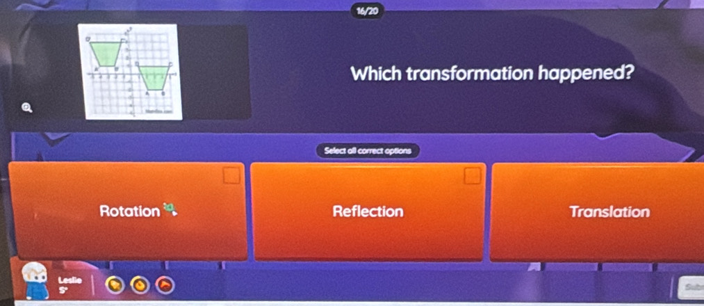 16/20
Which transformation happened?
Select all correct options
Rotation Reflection Translation
Leslie