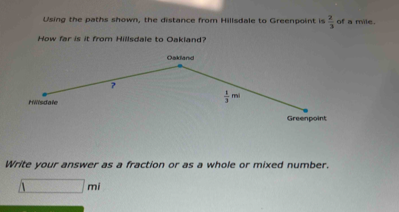 Using the paths shown, the distance from Hillsdale to Greenpoint is  2/3  of a mile.
How far is it from Hillsdale to Oakland?
Write your answer as a fraction or as a whole or mixed number.
□ mi