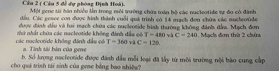 ( Câu 5 đề dự phòng Định Hoá). 
Một gene tái bản nhiều lần trong môi trường chứa toàn bộ các nucleotide tự do có đánh 
dấu. Các genee con được hình thành cuối quá trình có 14 mạch đơn chứa các nucleotide 
được đánh dấu và hai mạch chứa các nucleotide bình thường không đánh dấu. Mạch đơn 
thứ nhất chứa các nucleotide không đánh dấu có T=480 và C=240. Mạch đơn thứ 2 chứa 
các nucleotide không đánh dấu có T=360 và C=120. 
a. Tính tái bản của gene 
b. Số lượng nucleotide được đánh dấu mỗi loại đã lấy từ môi trường nội bào cung cấp 
cho quá trình tái sinh của gene bằng bao nhiêu?