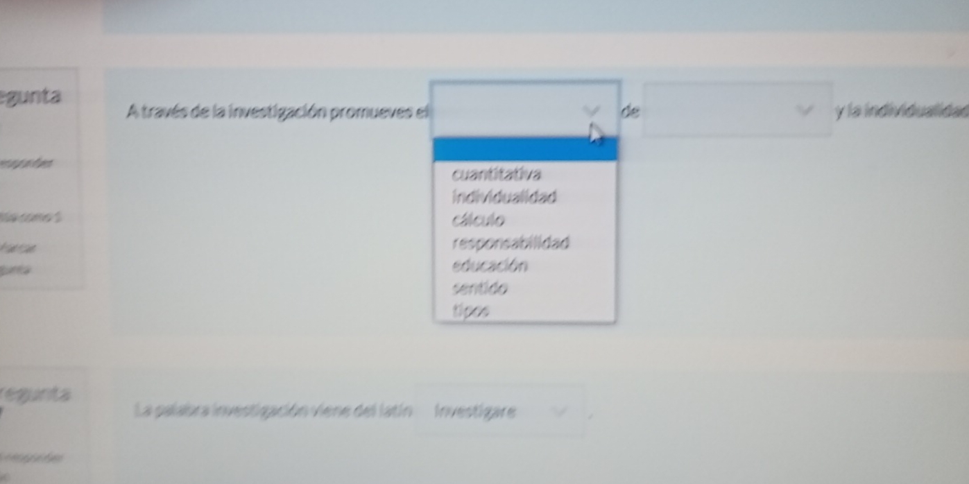 gunta
A través de la investigación promueves el de y la individualidas
g a den 
cuantitativa
individualidad
a o cáículo
responsabilidad
educación
sentido
tipce
regunta
La palabra investigación viene del latín'''' Investigare