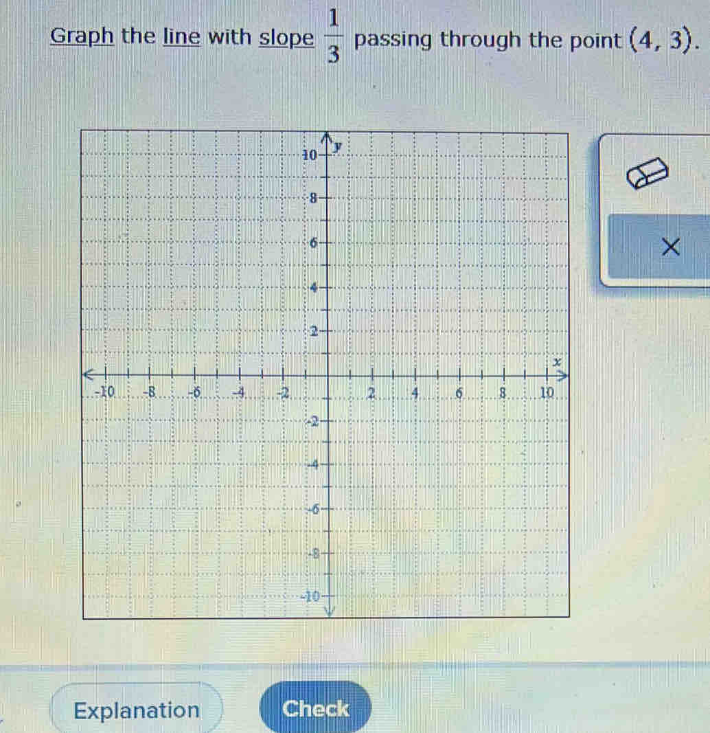 Graph the line with slope  1/3  passing through the point (4,3). 
× 
Explanation Check