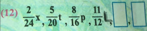 (12)  2/24 x,  5/20 t,  8/16 p,  11/12 □ , □