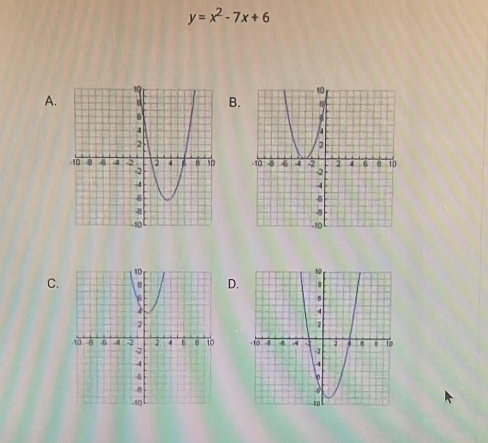 y=x^2-7x+6
A. 
B. 


C. 
D.