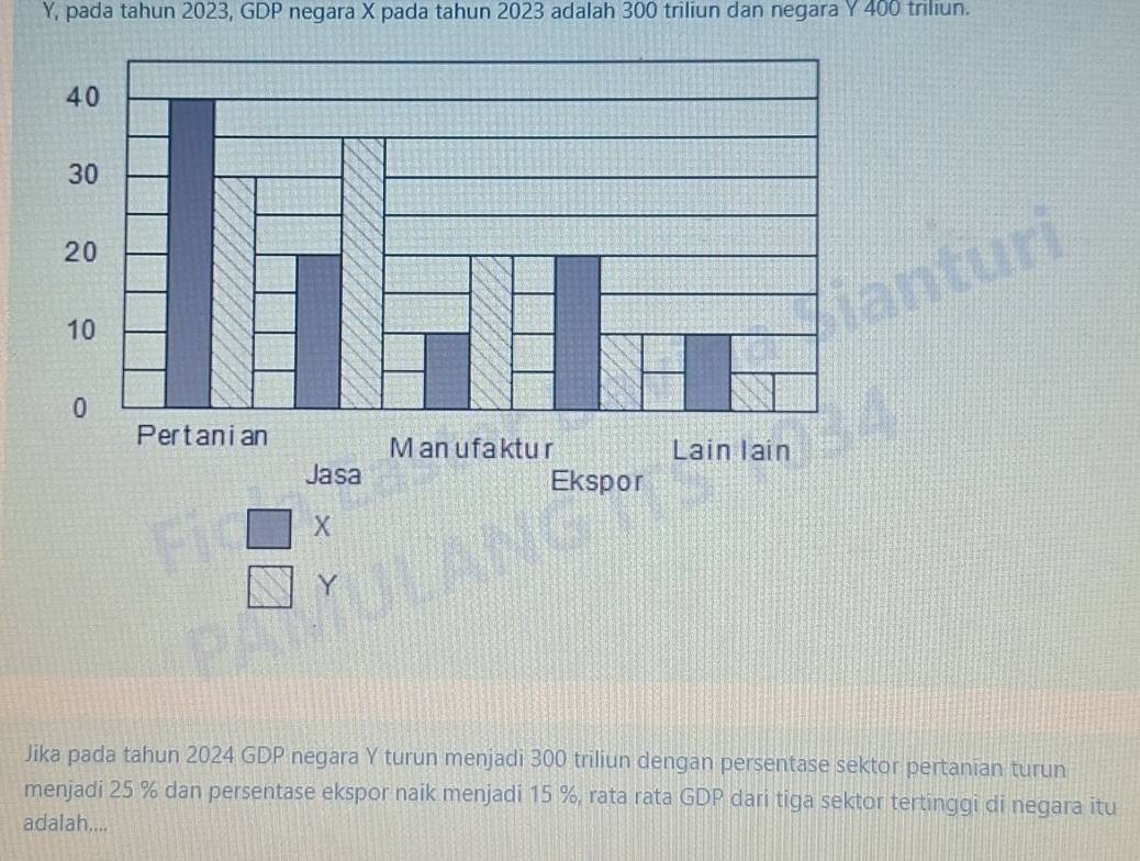 Y, pada tahun 2023, GDP negara X pada tahun 2023 adalah 300 triliun dan negara Y 400 triliun. 
□ X
□ Y
Jika pada tahun 2024 GDP negara Y turun menjadi 300 triliun dengan persentase sektor pertanian turun 
menjadi 25 % dan persentase ekspor naik menjadi 15 %, rata rata GDP dari tiga sektor tertinggi di negara itu 
adalah....