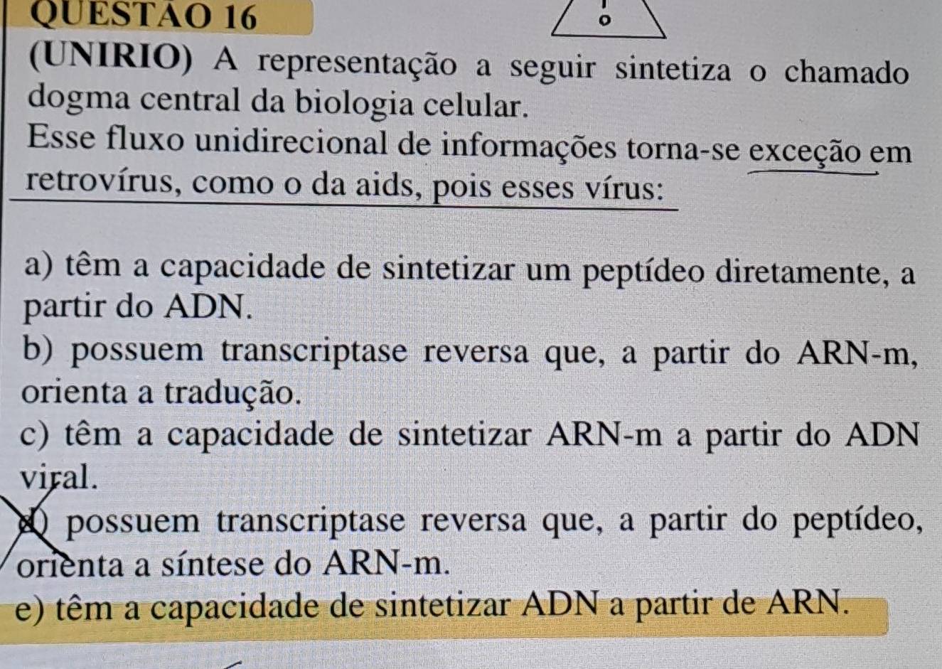 QUESTAO 16
(UNIRIO) A representação a seguir sintetiza o chamado
dogma central da biologia celular.
Esse fluxo unidirecional de informações torna-se exceção em
retrovírus, como o da aids, pois esses vírus:
a) têm a capacidade de sintetizar um peptídeo diretamente, a
partir do ADN.
b) possuem transcriptase reversa que, a partir do ARN-m,
orienta a tradução.
c) têm a capacidade de sintetizar ARN-m a partir do ADN
viral.
O possuem transcriptase reversa que, a partir do peptídeo,
orienta a síntese do ARN-m.
e) têm a capacidade de sintetizar ADN a partir de ARN.