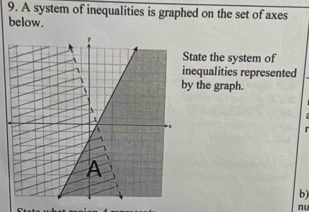 A system of inequalities is graphed on the set of axes 
below. 
tate the system of 
nequalities represented 
y the graph. 
b) 
nu