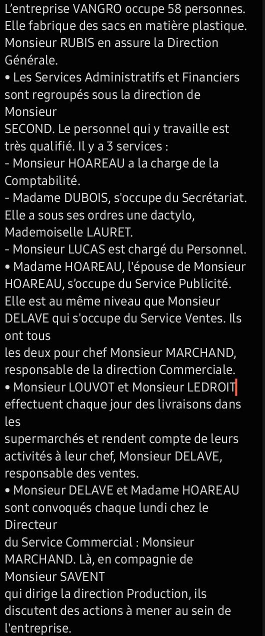 Lentreprise VANGRO occupe 58 personnes. 
Elle fabrique des sacs en matière plastique. 
Monsieur RUBIS en assure la Direction 
Générale. 
• Les Services Administratifs et Financiers 
sont regroupés sous la direction de 
Monsieur 
SECOND. Le personnel qui y travaille est 
très qualifié. Il y a 3 services : 
- Monsieur HOAREAU a la charge de la 
Comptabilité. 
- Madame DUBOIS, s'occupe du Secrétariat. 
Elle a sous ses ordres une dactylo, 
Mademoiselle LAURET. 
- Monsieur LUCAS est chargé du Personnel. 
• Madame HOAREAU, l'épouse de Monsieur 
HOAREAU, s’occupe du Service Publicité. 
Elle est au même niveau que Monsieur 
DELAVE qui s'occupe du Service Ventes. Ils 
ont tous 
les deux pour chef Monsieur MARCHAND, 
responsable de la direction Commerciale. 
• Monsieur LOUVOT et Monsieur LEDROIT 
effectuent chaque jour des livraisons dans 
les 
supermarchés et rendent compte de leurs 
activités à leur chef, Monsieur DELAVE, 
responsable des ventes. 
• Monsieur DELAVE et Madame HOAREAU 
sont convoqués chaque lundi chez le 
Directeur 
du Service Commercial : Monsieur 
MARCHAND. Là, en compagnie de 
Monsieur SAVENT 
qui dirige la direction Production, ils 
discutent des actions à mener au sein de 
l'entreprise.