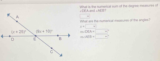 Solved: What is the numerical sum of the degree measures of ∠ DEA and ∠ ...