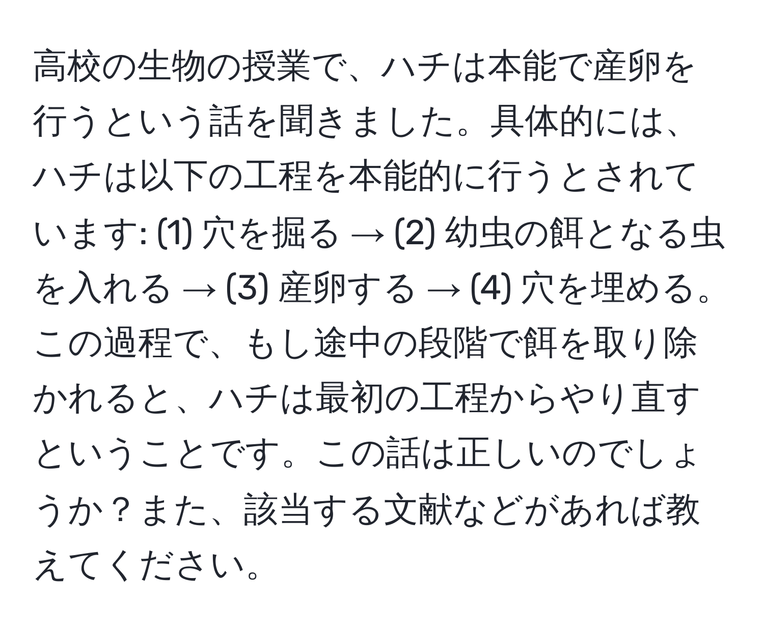 高校の生物の授業で、ハチは本能で産卵を行うという話を聞きました。具体的には、ハチは以下の工程を本能的に行うとされています: (1) 穴を掘る → (2) 幼虫の餌となる虫を入れる → (3) 産卵する → (4) 穴を埋める。この過程で、もし途中の段階で餌を取り除かれると、ハチは最初の工程からやり直すということです。この話は正しいのでしょうか？また、該当する文献などがあれば教えてください。