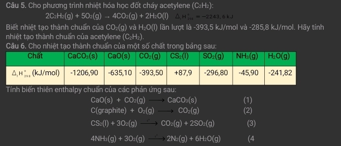 Cho phương trình nhiệt hóa học đốt cháy acetylene (C_2H_2):
2C_2H_2(g)+5O_2(g)to 4CO_2(g)+2H_2O(l)△ _2
Biết nhiệt tạo thành chuẩn của CO_2(g) và H_2O(I) lần lượt là -393,5 kJ/mol và -285,8 kJ/mol. Hãy tính
nhiệt tạo thành chuẩn của acetylene (C_2H_2).
-6
Câu 6. Cho nhiệt tạo thành chuẩn của một * chất trong bảng sau:
Tính biến thiên enthalpy chuẩn của các phản ứng sau:
CaO(s)+CO_2(g)to CaCO_3(s) (1)
C(graphite)+O_2(g)to CO_2(g) (2)
CS_2(l)+3O_2(g)to CO_2(g)+2SO_2(g) (3)
4NH_3(g)+3O_2(g)to 2N_2(g)+6H_2O(g) (4