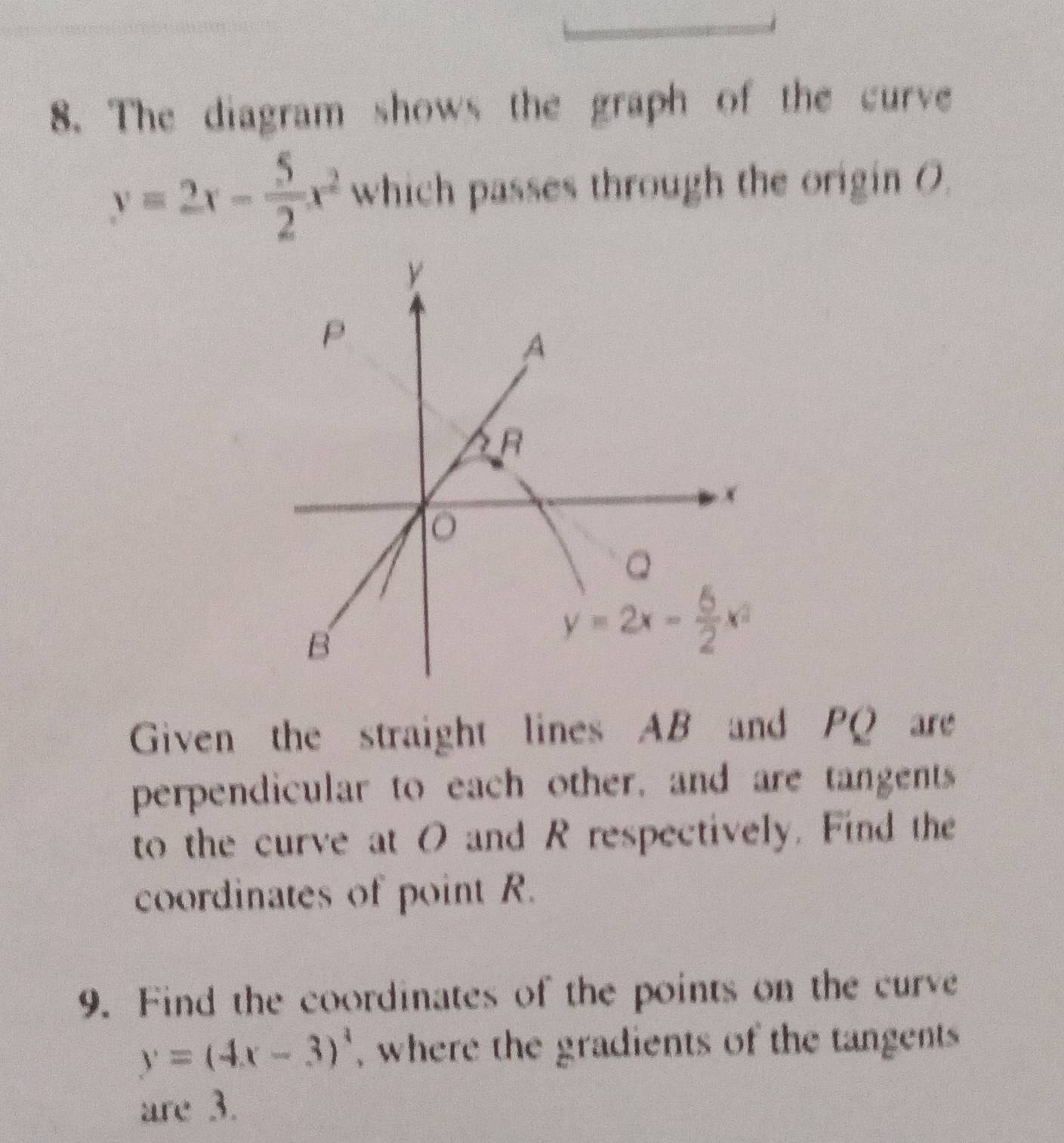 The diagram shows the graph of the curve
y=2x- 5/2 x^2 which passes through the origin O.
Given the straight lines AB and PQ are
perpendicular to each other, and are tangents
to the curve at O and R respectively. Find the
coordinates of point R.
9. Find the coordinates of the points on the curve
y=(4x-3)^4 , where the gradients of the tangents 
are 3.