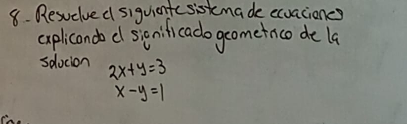 Besuelved siguintcsiskmade exuaciones
cxplicondo d sienificado geometnico de la
sdlocion 2x+y=3
x-y=1