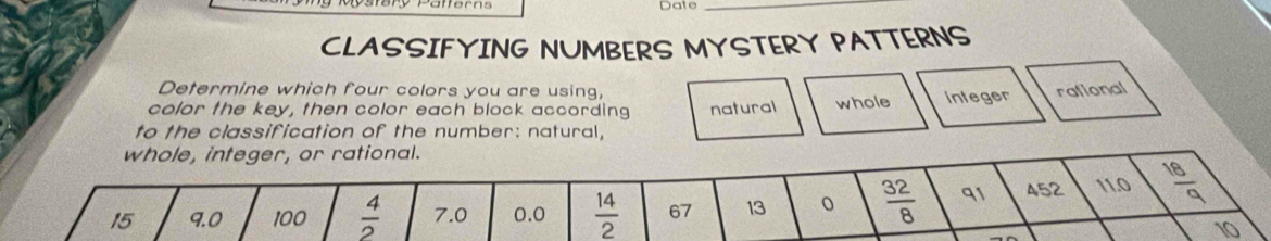 Date_
CLASSIFYING NUMBERS MYSTERY PATTERNS
Determine which four colors you are using,
color the key, then color each block according
to the classification of the number: natural, natural whole integer rafional