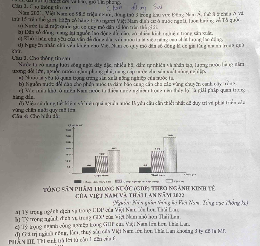 đài nội tự nhiệt đời và bảo, gio T in phong.
Câu 2. Cho thông tin sau:
Năm 2021, Việt Nam có 98,5 triệu người, đứng thứ 3 trong khu vực Đông Nam Á, thứ 8 ở châu Á và
thứ 15 trên thế giới. Hiện có hàng triệu người Việt Nam định cư ở nước ngoài, luôn hướng về Tổ quốc.
a) Nước ta là một quốc gia có quy mô dân số lớn trên thế giới.
b) Dân số đông mang lại nguồn lao động dồi dào, có nhiều kinh nghiệm trong sản xuất.
c) Khó khăn chủ yếu của vấn đề đông dân với nước ta là việc nâng cao chất lượng lao động.
d) Nguyên nhân chủ yếu khiến cho Việt Nam có quy mô dân số đông là do gia tăng nhanh trong quá
khứ.
Câu 3. Cho thông tin sau:
Nước ta có mạng lưới sông ngòi dày đặc, nhiều hồ, đầm tự nhiên và nhân tạo, lượng nước hằng năm
tương đối lớn, nguồn nước ngầm phong phú, cung cấp nước cho sản xuất nông nghiệp.
a) Nước là yếu tố quan trọng trong sản xuất nông nghiệp của nước ta.
b) Nguồn nước dồi dào cho phép nước ta đảm bảo cung cấp cho các vùng chuyên canh cây trồng.
c) Vào mùa khô, ở miền Nam nước ta thiếu nước nghiêm trọng nên thủy lợi là giải pháp quan trọng
hàng đầu.
d) Việc sử dụng tiết kiệm và hiệu quả nguồn nước là yêu cầu cần thiết nhất để duy trì và phát triển các
vùng chăn nuôi quy mô lớn.
Câu 4: Cho biểu đồ:
Nồng, lâm, thuỷ sản Công nghiệp và xây dựng Dịch w
TÔNG SẢN PHÂM TRONG NƯỚC (GDP) THEO NGÀNH KINH TÉ
Của việt nam và thái lan năm 2022
(Nguồn: Niên giám thống kê Việt Nam, Tổng cục Thống kê)
a) Tỷ trọng ngành dịch vụ trong GDP của Việt Nam lớn hơn Thái Lan.
b) Tỷ trọng ngành dịch vụ trong GDP của Việt Nam nhỏ hơn Thái Lan.
c) Tỷ trọng ngành công nghiệp trong GDP của Việt Nam lớn hơn Thái Lan.
d) Giá trị ngành nông, lâm, thuỷ sản của Việt Nam lớn hơn Thái Lan khoảng 3 tỷ đô la Mĩ.
PHÀN III. Thí sinh trả lời từ câu 1 đến câu 6.