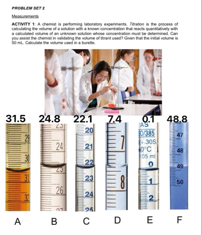 PROBLEM SET 2
Measurements
ACTIVITY 1: A chemist is performing laboratory experiments. Titration is the process of
calculating the volume of a solution with a known concentration that reacts quantitatively with
a calculated volume of an unknown solution whose concentration must be determined. Can
you assist the chemist in validating the volume of titrant used? Given that the initial volume is
50 mL. Calculate the volume used in a burette.