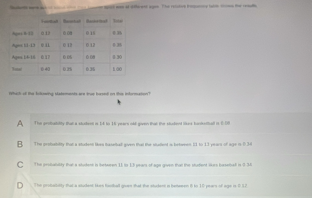 Students were ask ed ancul what ten pusme sport was at different ages. The refative brequensy table shows the resulls
Which of the following statements are true based on this information?
A The probability that a student is 14 to 16 years old given that the student likes basketball is 0.08
B The probability that a student likes baseball given that the student is between 11 to 13 years of age is 0.34
C The probability that a student is between 11 to 13 years of age given that the student likes baseball is 0 34
D The probability that a student likes football given that the student is between 8 to 10 years of age is 0.12.