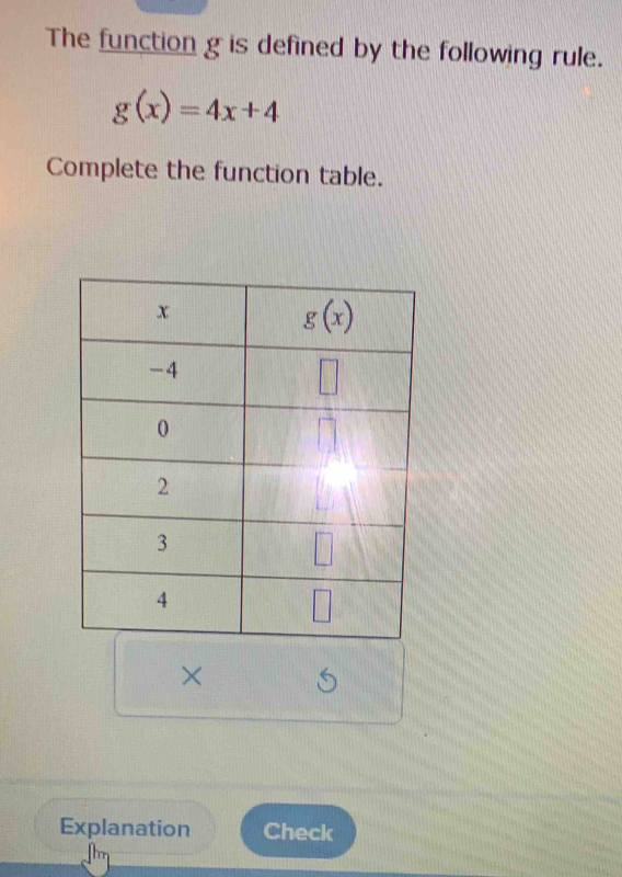 The function g is defined by the following rule.
g(x)=4x+4
Complete the function table.
×
Explanation Check