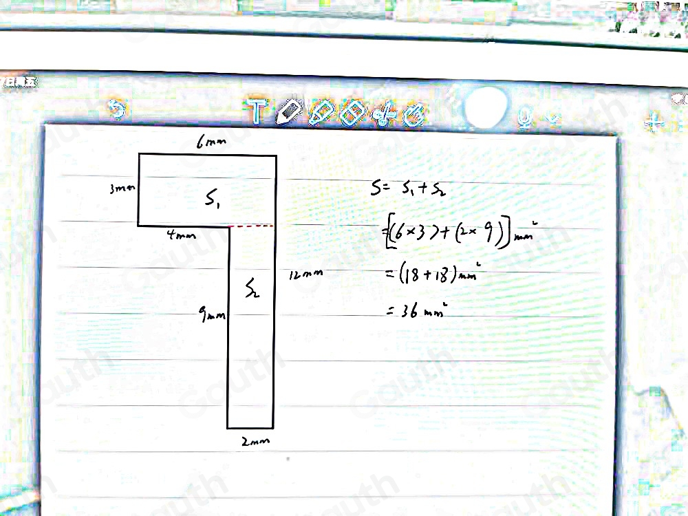 S=S_1+S_2
=[(6* 3)+(2* 9)]_min
=(18+18)mm^2
=36mm^2