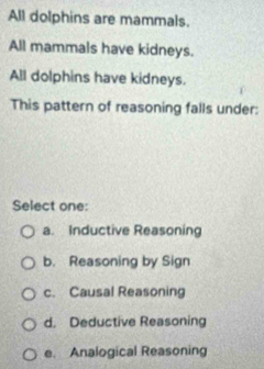 All dolphins are mammals.
All mammals have kidneys.
All dolphins have kidneys.
This pattern of reasoning falls under:
Select one:
a. Inductive Reasoning
b. Reasoning by Sign
c. Causal Reasoning
d. Deductive Reasoning
e. Analogical Reasoning