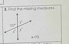 Find the missing measures.
x=73