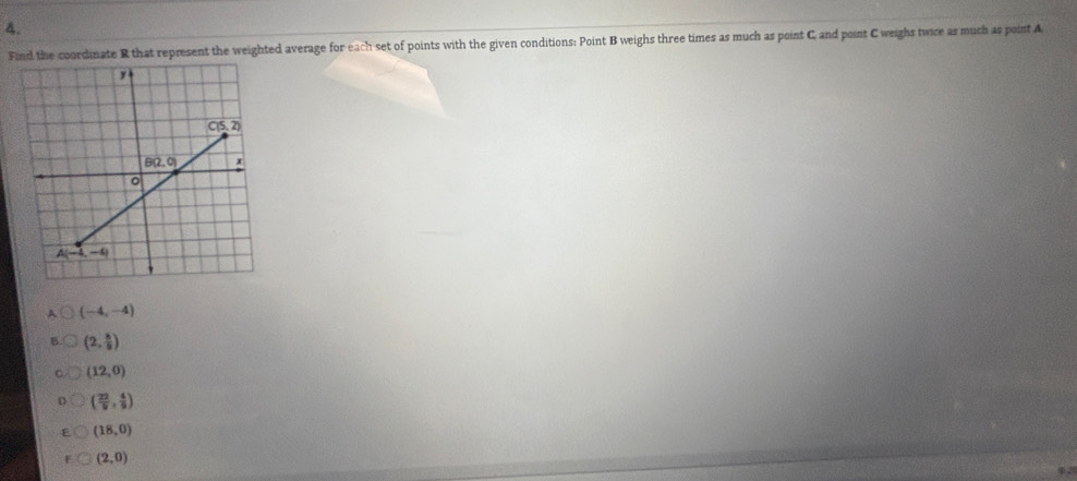 Find the coordinate R that represent the weighted average for each set of points with the given conditions: Point B weighs three times as much as point C and point C weighs twice as much as point A
A (-4,-4)
(2, 8/9 )
(12,0)
( 22/9 , 4/9 )
(18,0)
(2,0)