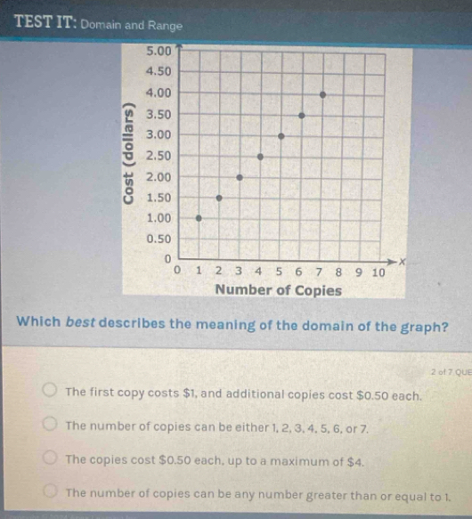 TEST IT: Domain and Range
Which best describes the meaning of the domain of the graph?
2 of 7 QUE
The first copy costs $1, and additional copies cost $0.50 each.
The number of copies can be either 1, 2, 3, 4, 5, 6, or 7.
The copies cost $0.50 each, up to a maximum of $4.
The number of copies can be any number greater than or equal to 1.