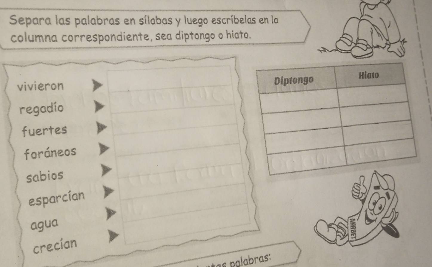 Separa las palabras en sílabas y luego escríbelas en la
columna correspondiente, sea diptongo o hiato.
vivieron
regadío
fuertes
foráneos
sabios
esparcían
agua
crecían
*as palabras: