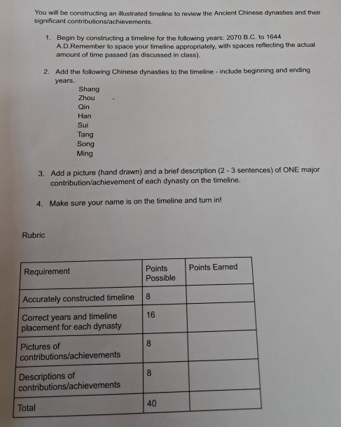 You will be constructing an illustrated timeline to review the Ancient Chinese dynasties and their 
significant contributions/achievements. 
1. Begin by constructing a timeline for the following years: 2070 B.C. to 1644 
A.D.Remember to space your timeline appropriately, with spaces reflecting the actual 
amount of time passed (as discussed in class). 
2. Add the following Chinese dynasties to the timeline - include beginning and ending 
years. 
Shang 
Zhou 
Qin 
Han 
Sui 
Tang 
Song 
Ming 
3. Add a picture (hand drawn) and a brief description (2 - 3 sentences) of ONE major 
contribution/achievement of each dynasty on the timeline. 
4. Make sure your name is on the timeline and turn in! 
Rubric