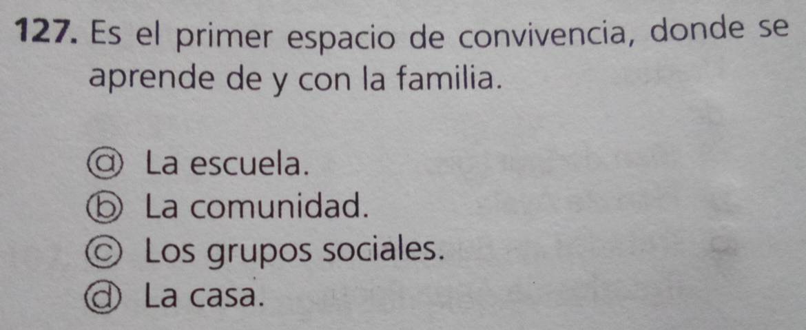 Es el primer espacio de convivencia, donde se
aprende de y con la familia.
La escuela.
La comunidad.
© Los grupos sociales.
ɑ La casa.