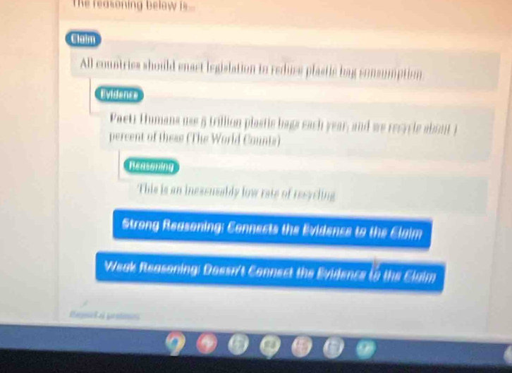 = oning belaw i 
Claim 
All countries should enact legislation in reduce plastic bag consumption 
Evidense 
Paeti Humana use 5 trillion plastic bags each year, and we recyc le abouti 
percent of these (The World Counts) 
Reassning 
This is an inessusally low rate of resycling 
Strong Reasoning: Connects the Evidenss to the Elaim 
Weak Reasoning: Dossn't Connect the Bvidence to the Clulm 
Cgoria e gar atno