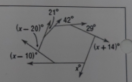 21°
4 42°
(x-20)^circ 
29°
(x+14)^circ 
(x-10)^circ 
x°