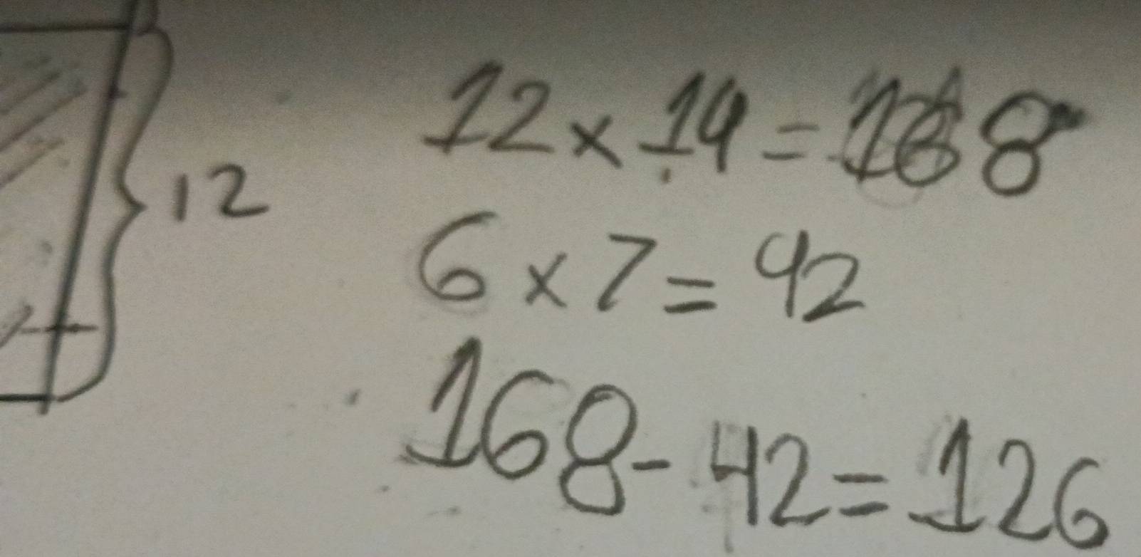 12* 14=168
6* 7=42
168-42=126