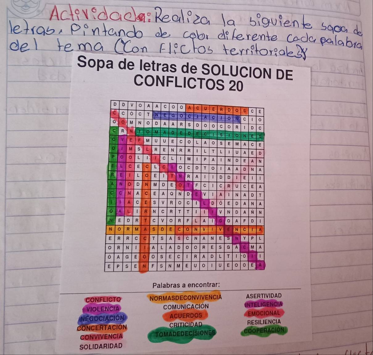 Sopa de letras de SOLUCION DE
CONFLICTOS 20
Palabras a encontrar:
CONFLICTO NORMASDECONVIVENCIA ASERTIVIDAD
VIOLENCIA COMUNICACIÓN INTELIGENCIA
NEGOCIACIÓN ACUERDOS EMOCIONAL
CONCERTACIÓN CRITICIDAD RESILIENCIA
CONVIVENCIA TOMADEDECISIONES COOPERACION
SOLIDARIDAD