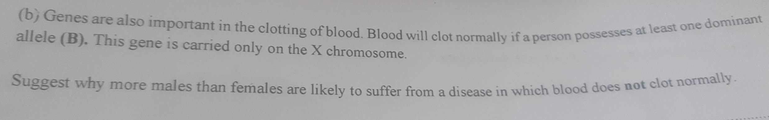 Genes are also important in the clotting of blood. Blood will clot normally if a person possesses at least one dominant 
allele (B). This gene is carried only on the X chromosome. 
Suggest why more males than females are likely to suffer from a disease in which blood does not clot normally.