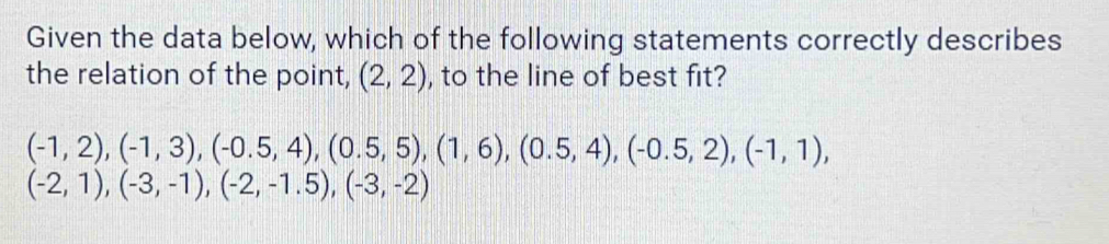 Given the data below, which of the following statements correctly describes
the relation of the point, (2,2) , to the line of best fit?
(-1,2), (-1,3), (-0.5,4), (0.5,5), (1,6), (0.5,4), (-0.5,2), (-1,1),
(-2,1), (-3,-1), (-2,-1.5), (-3,-2)