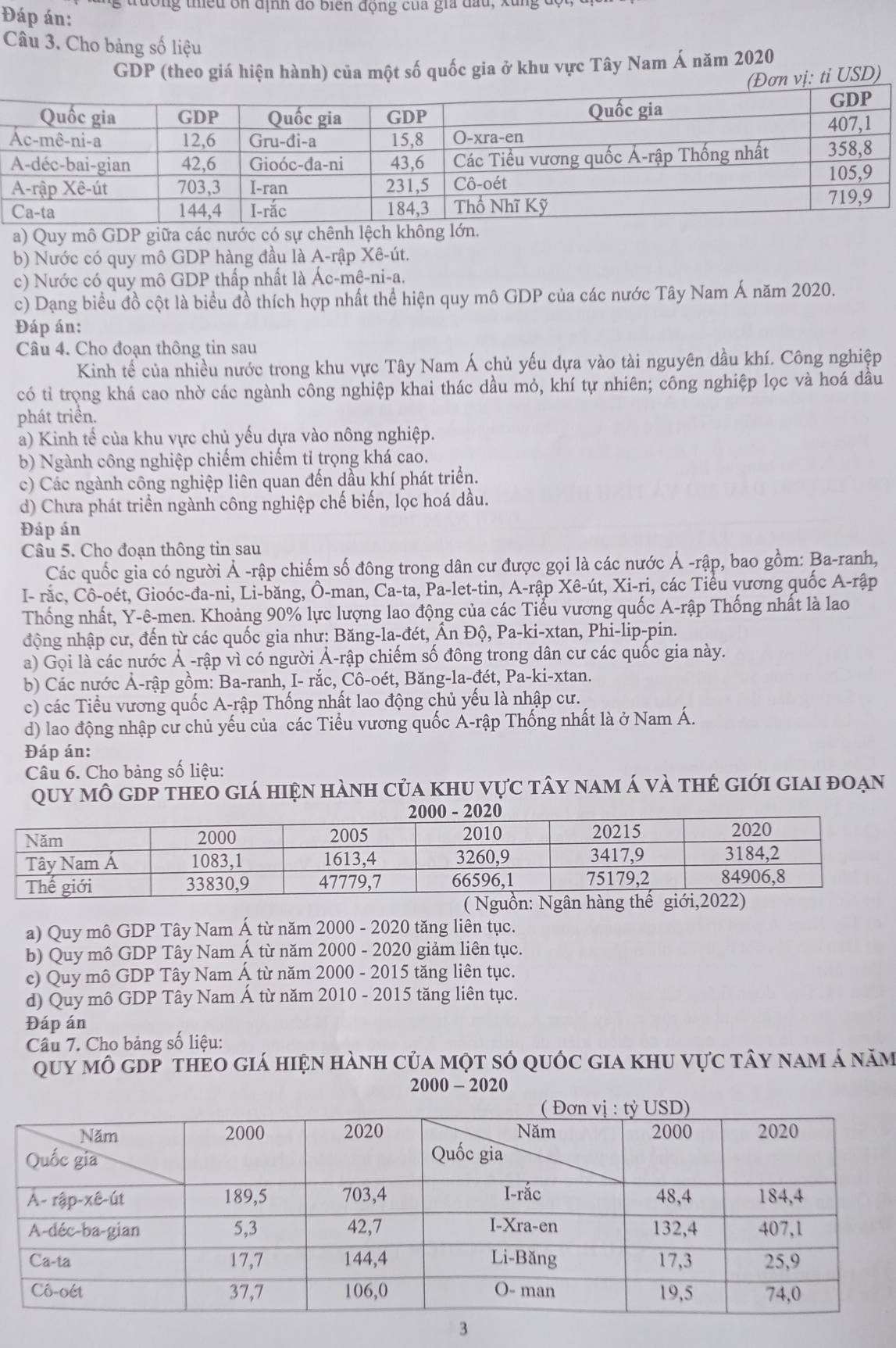 Đáp án: tưông thiếu ôn định đo biển động của gia đầu, xung  ở
Câu 3. Cho bảng số liệu
GDP (theo giá hiện hành) của một số quốc gia ở khu vực Tây Nam Á năm 2020
(Đơn vị: ti USD)
a) Quy mô GDP giữa các nước có sự chênh lệch không lớn.
b) Nước có quy mô GDP hàng đầu là A-rập Xê-út.
c) Nước có quy mô GDP thấp nhất là Ác-mê-ni-a.
c) Dạng biểu đồ cột là biểu đồ thích hợp nhất thể hiện quy mô GDP của các nước Tây Nam Á năm 2020.
Đáp án:
Câu 4. Cho đoạn thông tin sau
Kinh tế của nhiều nước trong khu vực Tây Nam Á chủ yếu dựa vào tài nguyên dầu khí. Công nghiệp
có tỉ trọng khá cao nhờ các ngành công nghiệp khai thác dầu mỏ, khí tự nhiên; công nghiệp lọc và hoá dầu
phát triền.
a) Kinh tế của khu vực chủ yếu dựa vào nông nghiệp.
b) Ngành công nghiệp chiếm chiếm tỉ trọng khá cao.
c) Các ngành công nghiệp liên quan đến dầu khí phát triển.
d) Chưa phát triển ngành công nghiệp chế biến, lọc hoá dầu.
Đáp án
Câu 5. Cho đoạn thông tin sau
Các quốc gia có người Ả -rập chiếm số đông trong dân cư được gọi là các nước Ả -rập, bao gồm: Ba-ranh,
I- rắc, Cô-oét, Gioóc-đa-ni, Li-băng, Ô-man, Ca-ta, Pa-let-tin, A-rập Xê-út, Xi-ri, các Tiểu vương quốc A-rập
Thống nhất, Y-ê-men. Khoảng 90% lực lượng lao động của các Tiểu vương quốc A-rập Thống nhất là lao
động nhập cư, đến từ các quốc gia như: Băng-la-đét, Ấn Độ, Pa-ki-xtan, Phi-lip-pin.
a) Gọi là các nước Ả -rập vì có người Ả-rập chiếm số đông trong dân cư các quốc gia này.
b) Các nước Ả-rập gồm: Ba-ranh, I- rắc, Cô-oét, Băng-la-đét, Pa-ki-xtan.
c) các Tiểu vương quốc A-rập Thống nhất lao động chủ yếu là nhập cư.
d) lao động nhập cư chủ yếu của các Tiểu vương quốc Á-rập Thống nhất là ở Nam Á.
Đáp án:
Câu 6. Cho bảng số liệu:
Quy mô gDp thEO giá hiện hành của khu vực tây nam Á và thẻ giới giai đoạn
a) Quy mô GDP Tây Nam Á từ năm 2000 - 2020 tăng liên tục.
b) Quy mô GDP Tây Nam Á từ năm 2000 - 2020 giảm liên tục.
c) Quy mô GDP Tây Nam Á từ năm 2000 - 2015 tăng liên tục.
d) Quy mô GDP Tây Nam Á từ năm 2010 - 2015 tăng liên tục.
Đáp án
Câu 7. Cho bảng số liệu:
Quy mô gđp thẻo giá hiện hành của một số quốc gia khu vực tây nam á năm
2000-2020
3