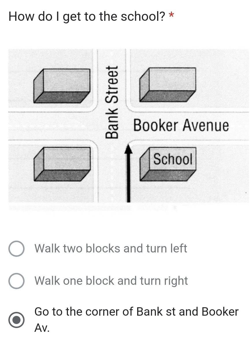 How do I get to the school? *

Booker Avenue
School
Walk two blocks and turn left
Walk one block and turn right
Go to the corner of Bank st and Booker
Av.