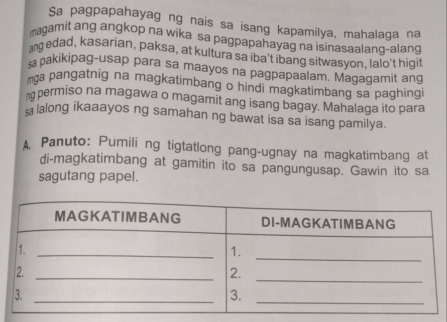 Sa pagpapahayag ng nais sa isang kapamilya, mahalaga na 
magamit ang angkop na wika sa pagpapahayag na isinasaalang-alang 
ang edad, kasarian, paksa, at kultura sa iba’t ibang sitwasyon, lalo’t higit 
sa pakikipag-usap para sa maayos na pagpapaalam. Magagamit ang 
mga pangatnig na magkatimbang o hindi magkatimbang sa paghingi 
ng permiso na magawa o magamit ang isang bagay. Mahalaga ito para 
sa lalong ikaaayos ng samahan ng bawat isa sa isang pamilya. 
A. Panuto: Pumili ng tigtatlong pang-ugnay na magkatimbang at 
di-magkatimbang at gamitin ito sa pangungusap. Gawin ito sa 
sagutang papel.