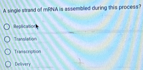 A single strand of mRNA is assembled during this process?
Replication
Translation
Transcription
Delivery