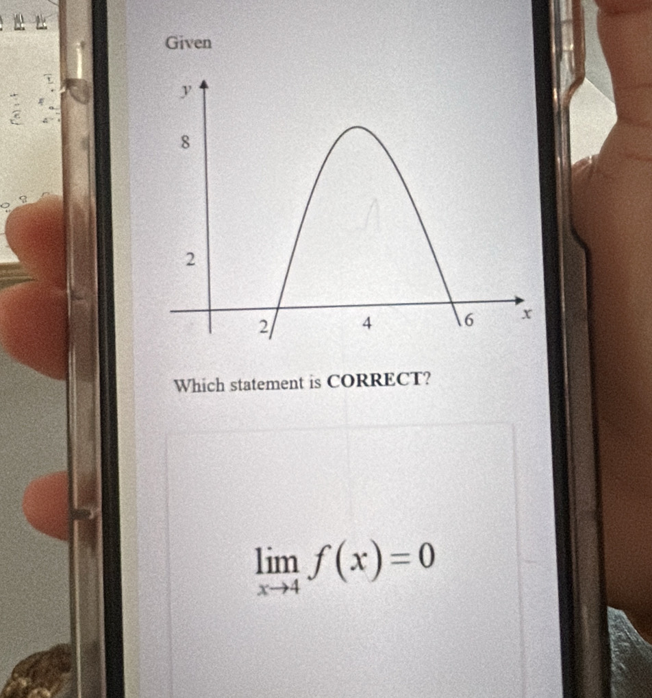 Given
Which statement is CORRECT?
limlimits _xto 4f(x)=0