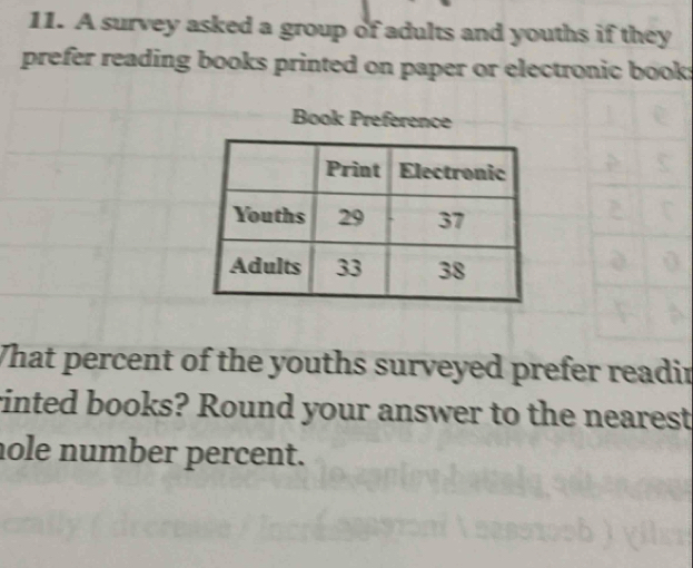 A survey asked a group of adults and youths if they 
prefer reading books printed on paper or electronic book: 
Book Preference 
What percent of the youths surveyed prefer readir 
vinted books? Round your answer to the nearest 
hole number percent.