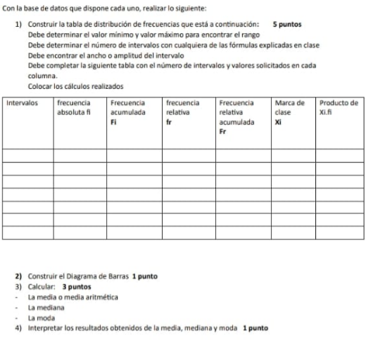 Con la base de datos que dispone cada uno, realizar lo siguiente: 
1) Construir la tabla de distribución de frecuencias que está a continuación: 5 puntos 
Debe determinar el valor mínimo y valor máximo para encontrar el rango 
Debe determinar el número de intervalos con cualquiera de las fórmulas explicadas en clase 
Debe encontrar el ancho o amplitud del intervalo 
Debe completar la siguiente tabla con el número de intervalos y valores solicitados en cada 
columna . 
Colocar los cálculos realizados 
I 
2) Construir el Diagrama de Barras 1 punto 
3) Calcular: 3 puntos 
La media o media aritmética 
La mediana 
La moda 
4) Interpretar los resultados obtenidos de la media, mediana y moda 1 punto