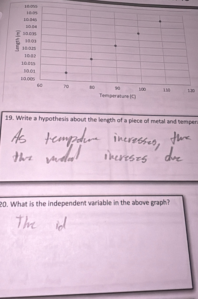 120 
19. Write a hypothesis about the length of a piece of metal and tempera 
20. What is the independent variable in the above graph?