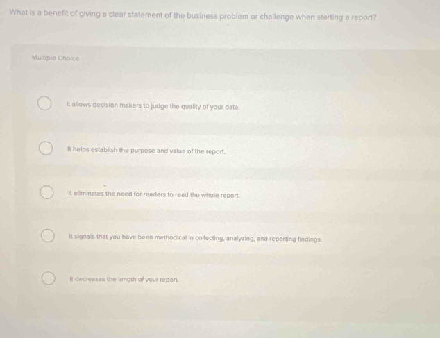 Solved: What is a benefit of giving a clear statement of the business ...