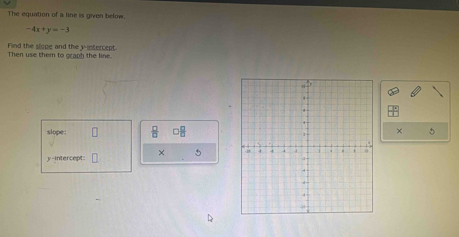 The equation of a line is given below.
-4x+y=-3
Find the slope and the y-intercept. 
Then use them to graph the line. 
slope:  □ /□   □  □ /□   × 5
× 5
y-intercept: