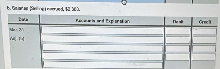 Salaries (Selling) accrued, $2,300.